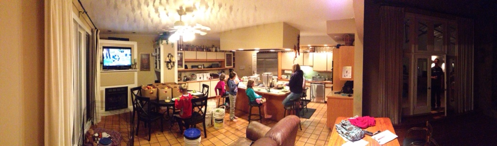 Panoramic shot of the kitchen in full on apple mode.