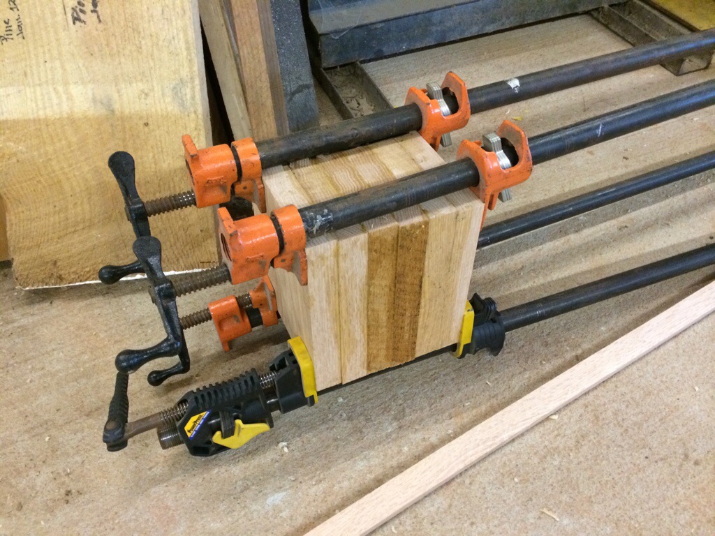 Gluing up a block of red oak so serve as a blank for the macerator drum