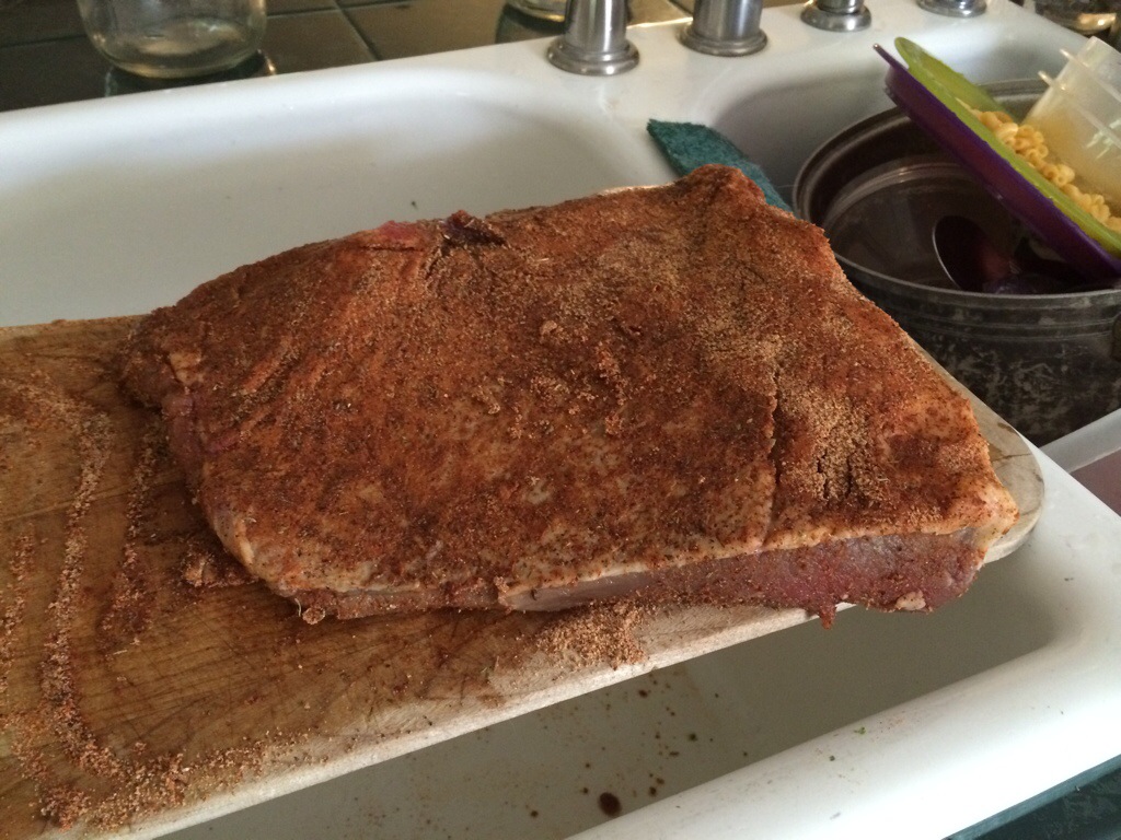 Beef brisket, before hot smoking.