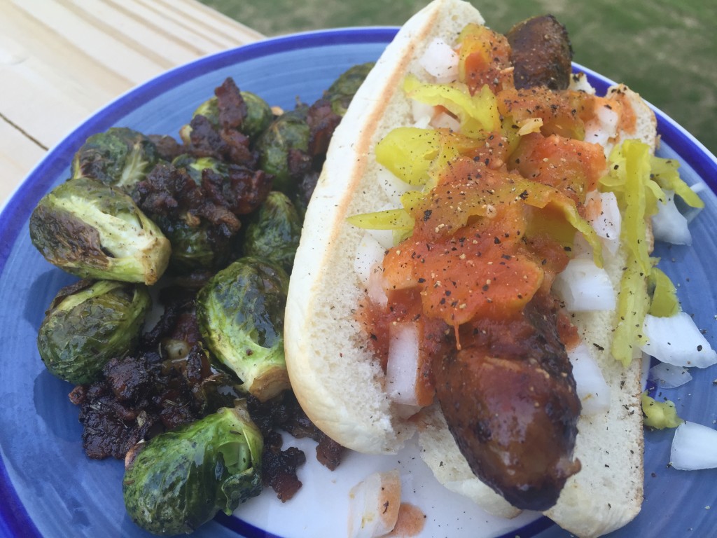 Kielbasa with spicy salsa and brussels sprouts with pork belly