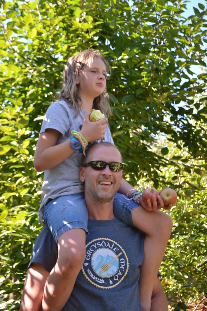 Dad and daughter picking apples