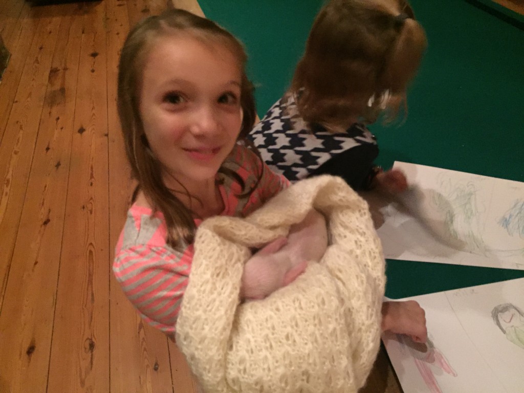 Little girl holding piglet in a blanket