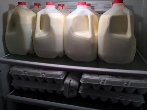 Farm fresh raw milk and eggs in fridge