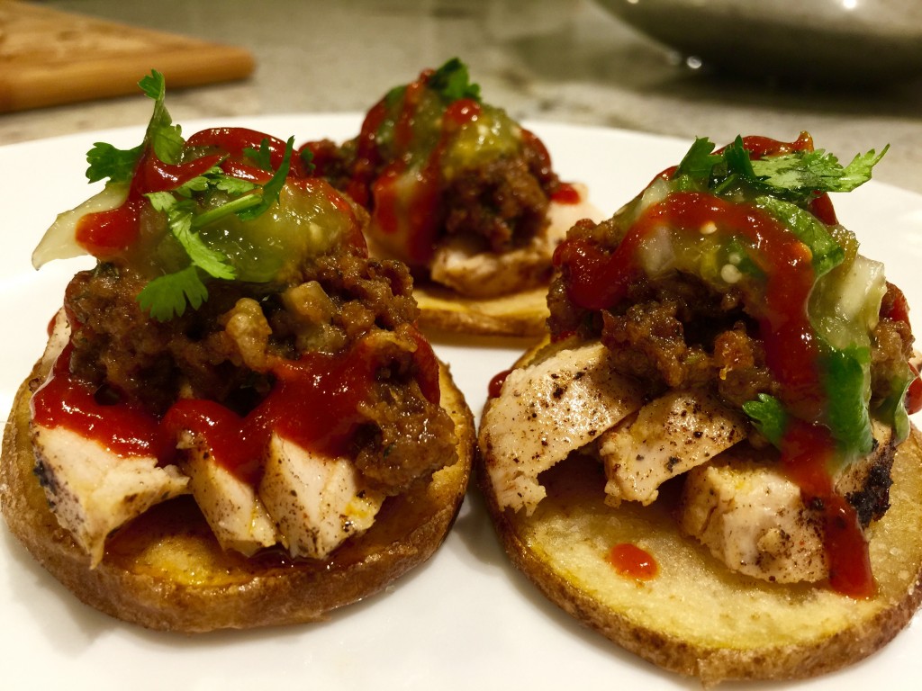 Chori-pollo sliders on french fried potato slices