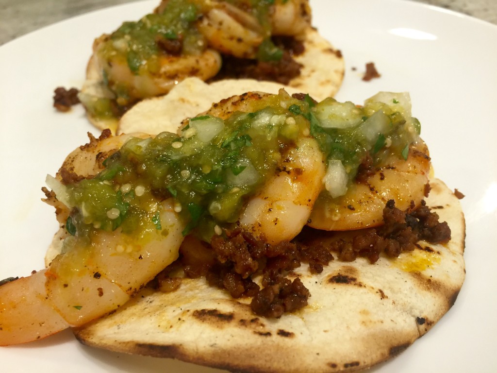 Chori-shrimp tacos with salsa verde