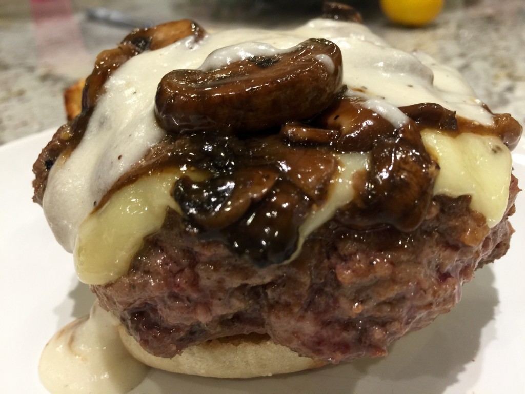 Bacon mushroom and swiss burger with a mornay sauce 