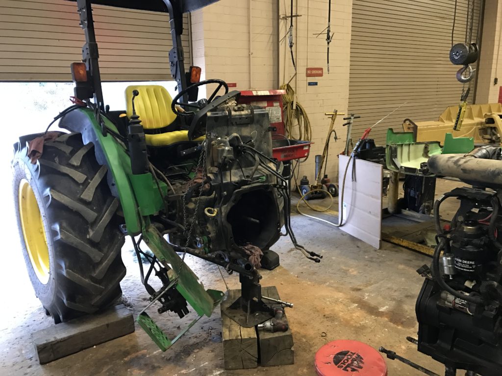 The back half of our tractor, with the clutch housing exposed.