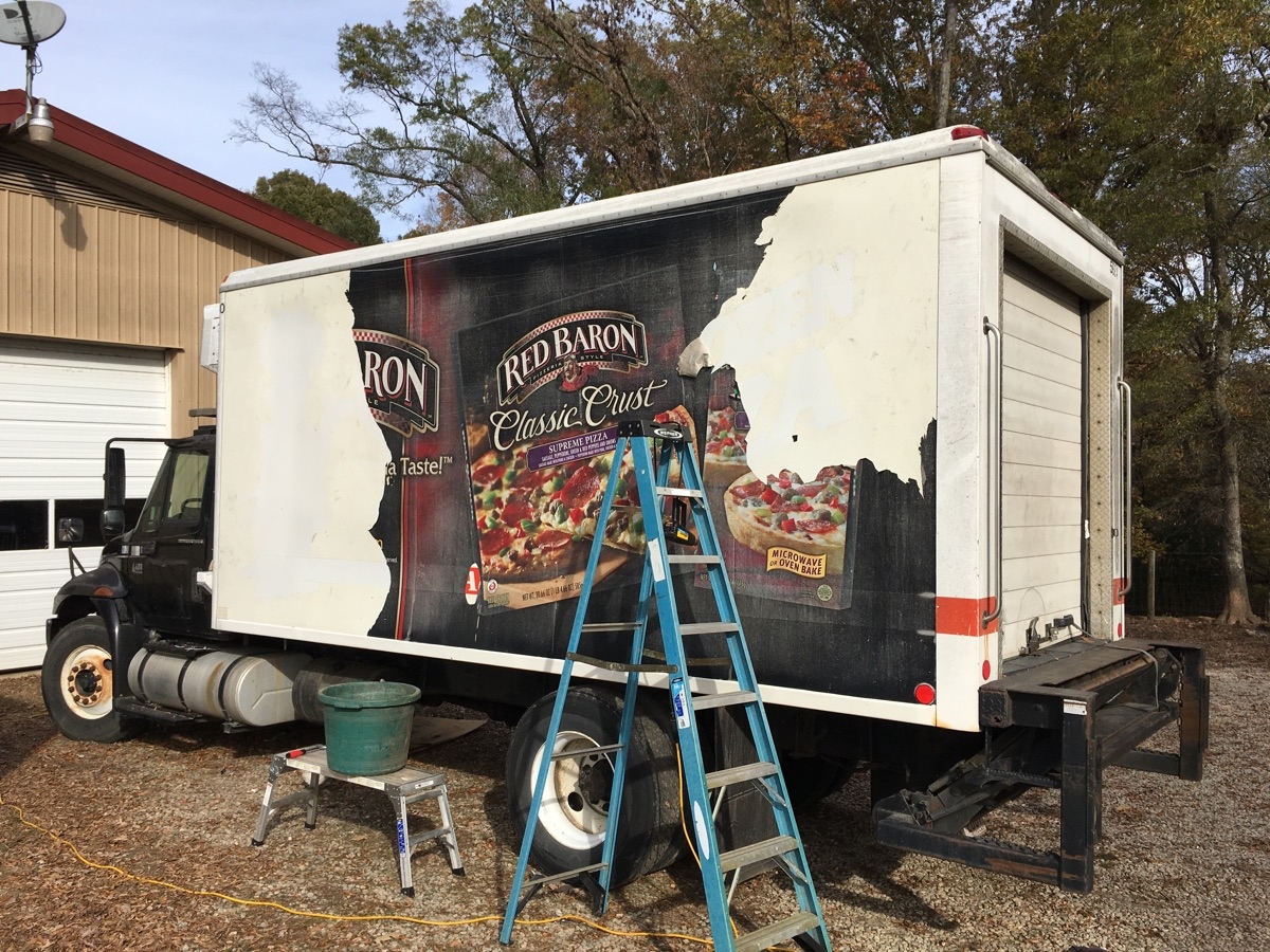 Pizza truck having decals removed