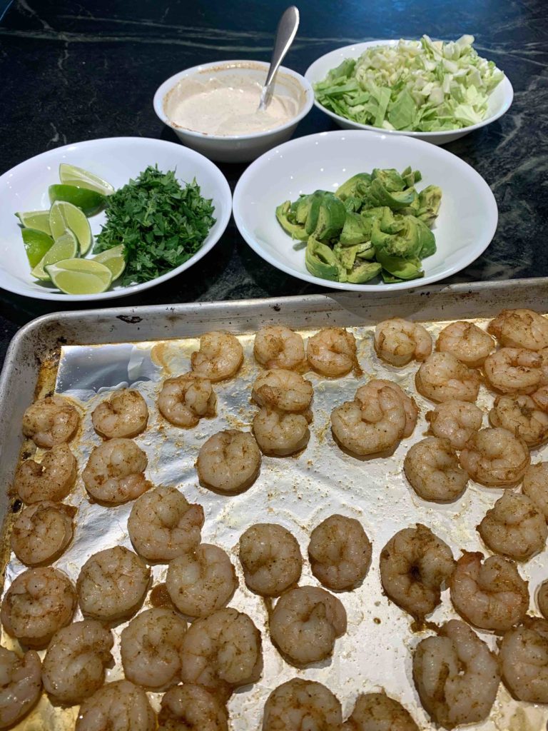 Shrimp tacos ready to be put together