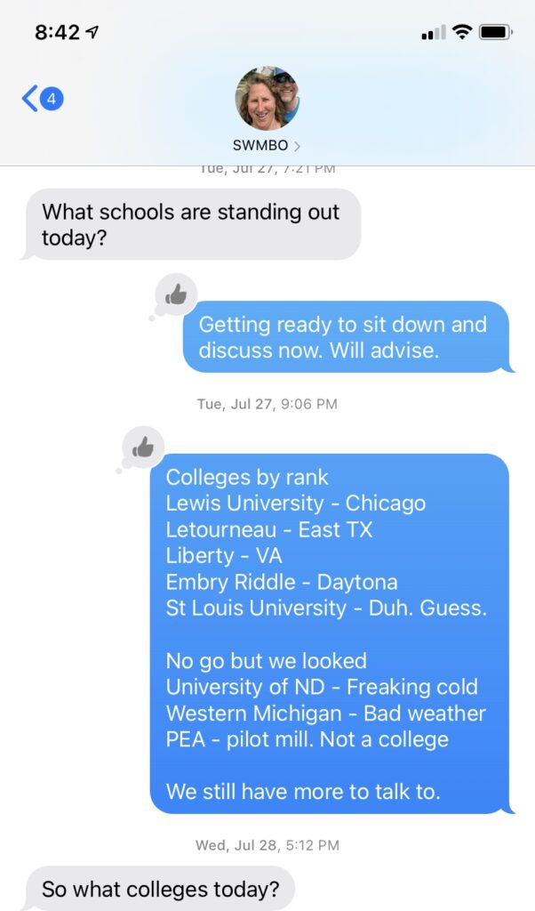 Text conversation with SWMBO about colleges